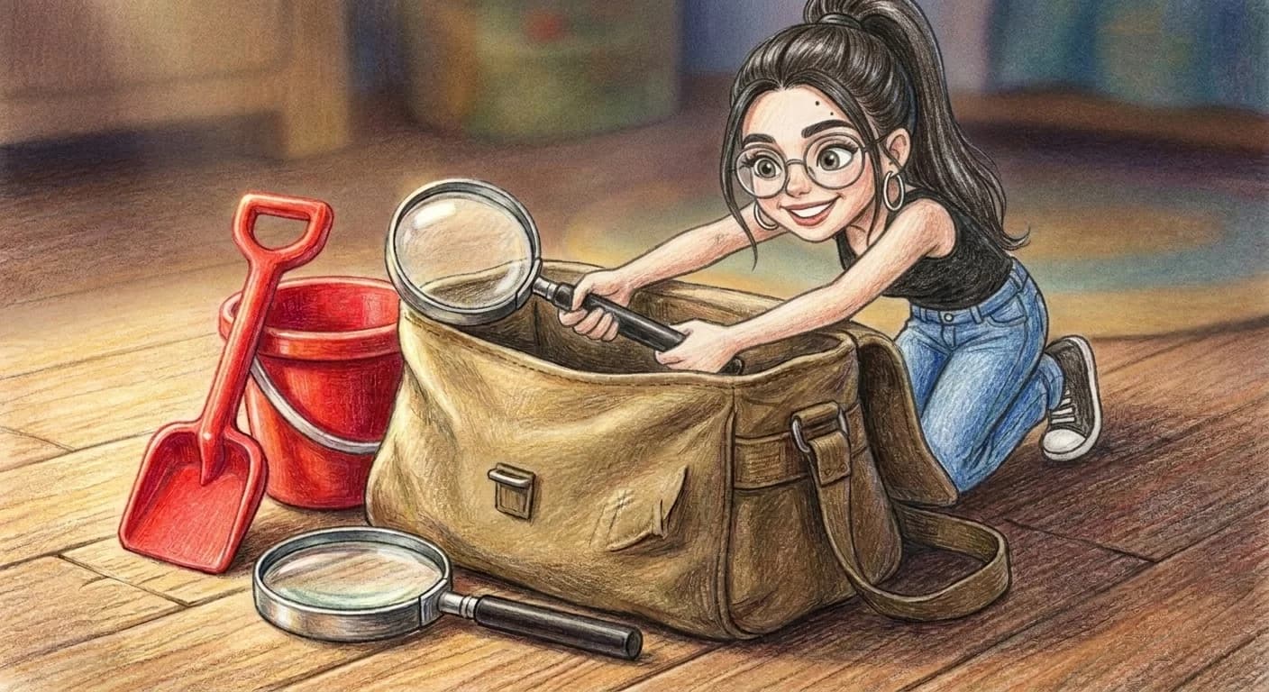 Für dieses besondere Abenteuer packte Aria eine ganz besondere Tasche: ihre Schatzsucher-Tasche. Hinein kamen eine klei…