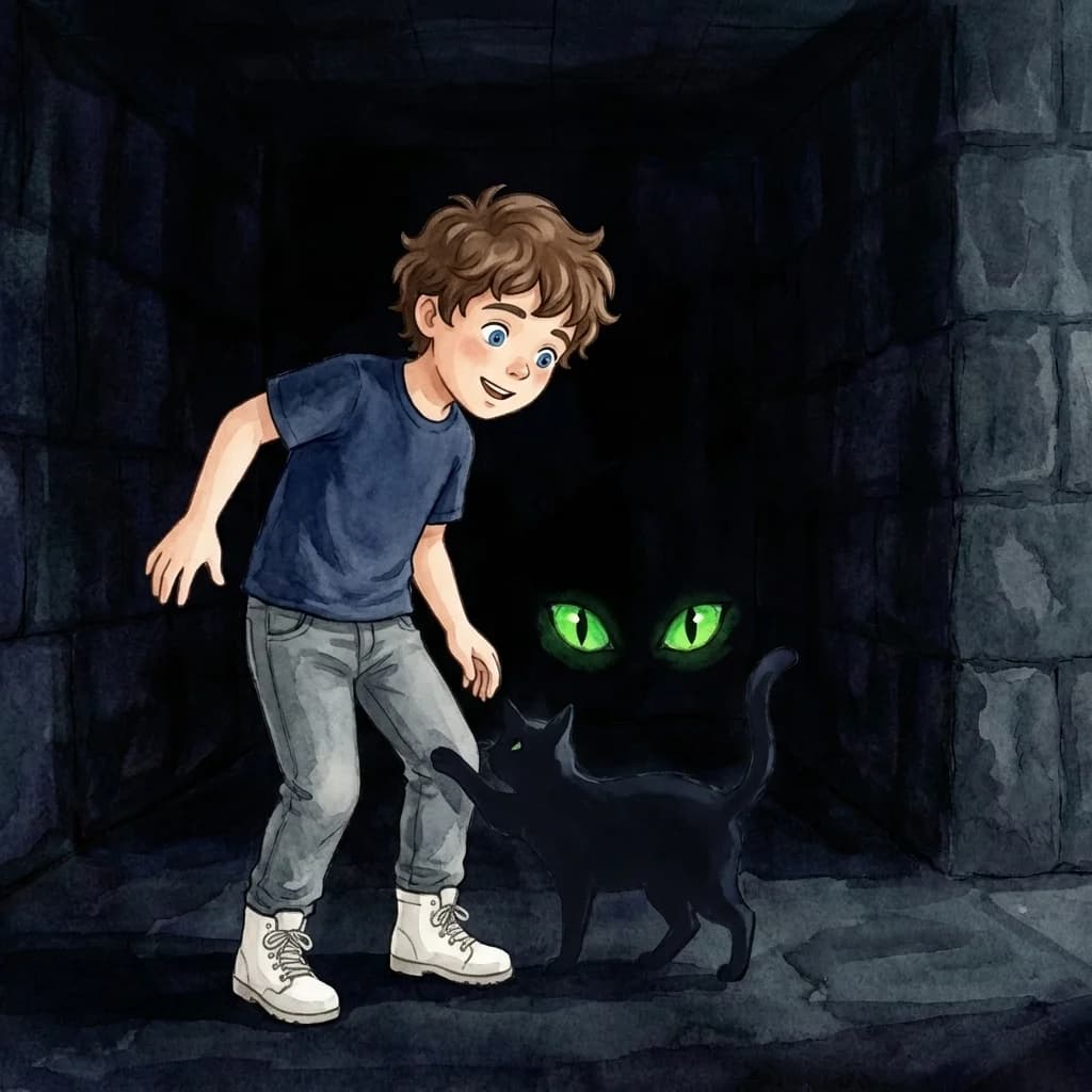 Plötzlich starrten ihn zwei leuchtende grüne Punkte an. Martin erstarrte! Doch dann hörte er ein leises „Miau“. Eine kl…