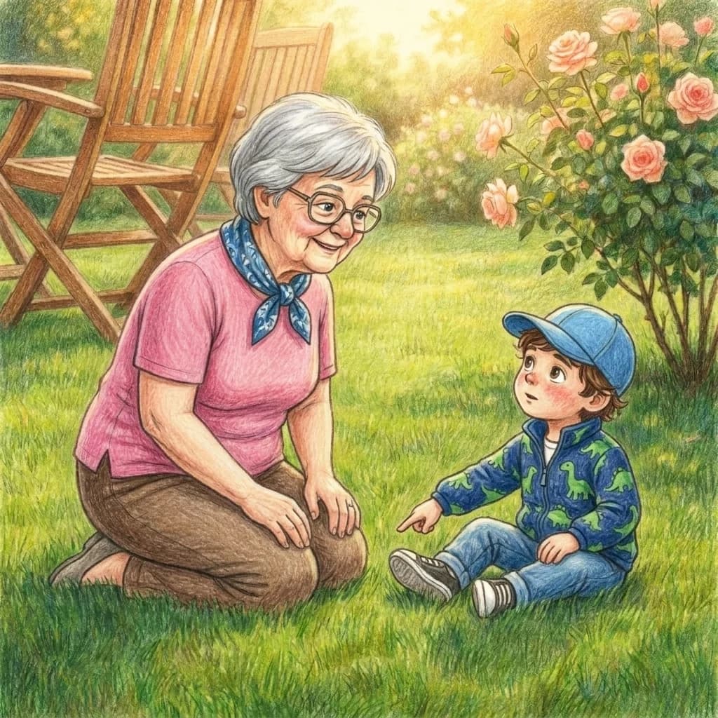 Oma Gilli kam mit einem Lächeln, das so warm war wie die Sommersonne. Ihre große Brille blitzte fröhlich. „Na, mein kle…