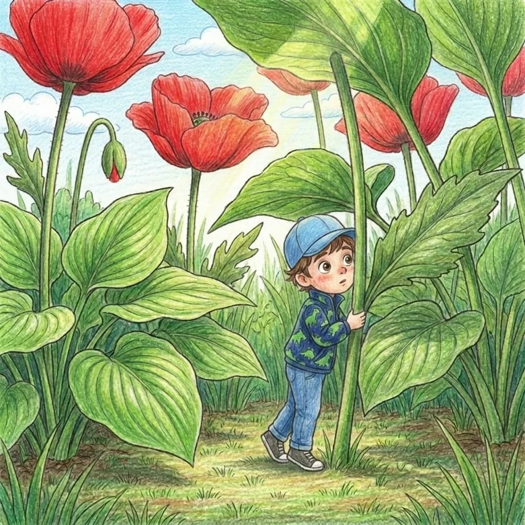 Finn tapste zu Omas kunterbuntem Blumenbeet. Die roten Mohnblumen waren größer als er selbst! Vorsichtig beugte er sich…