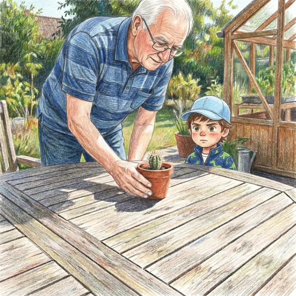 Opa Rainer stellte den kleinen Topf vorsichtig auf den Gartentisch. „Pass gut auf ihn auf, während ich nur schnell die…