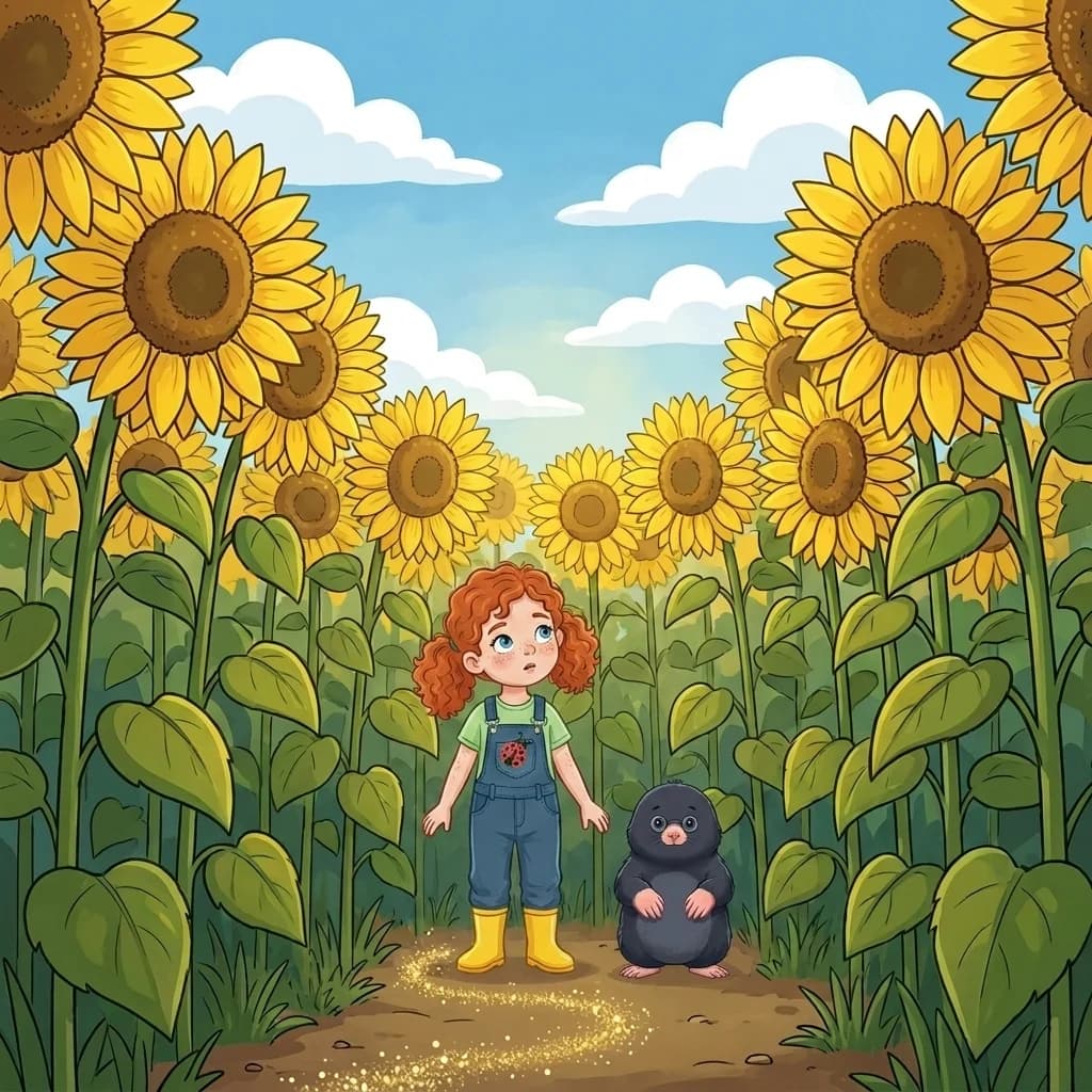 Der Glitzerstaub führte sie zu einem Feld riesiger Sonnenblumen. Sie waren so hoch, dass sie wie ein gelbes Labyrinth a…